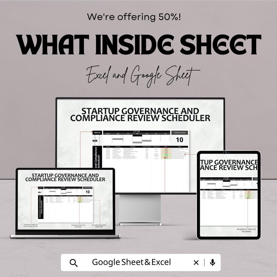 Startup Governance and Compliance Review Scheduler Template | Compliance Calendar andTracker | Excel & Google Sheets