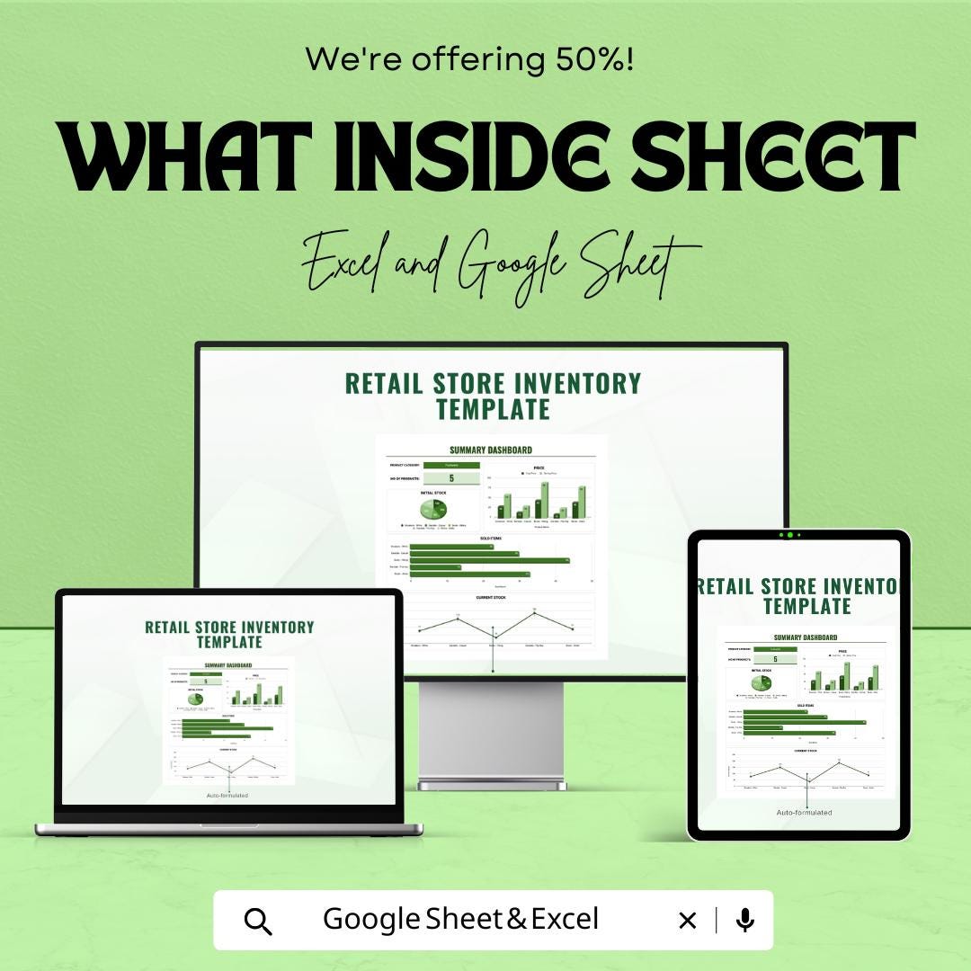 Retail Store Inventory Sheet - Excel & Google Sheets Template - Track Stock, Sales, and Profits Efficiently