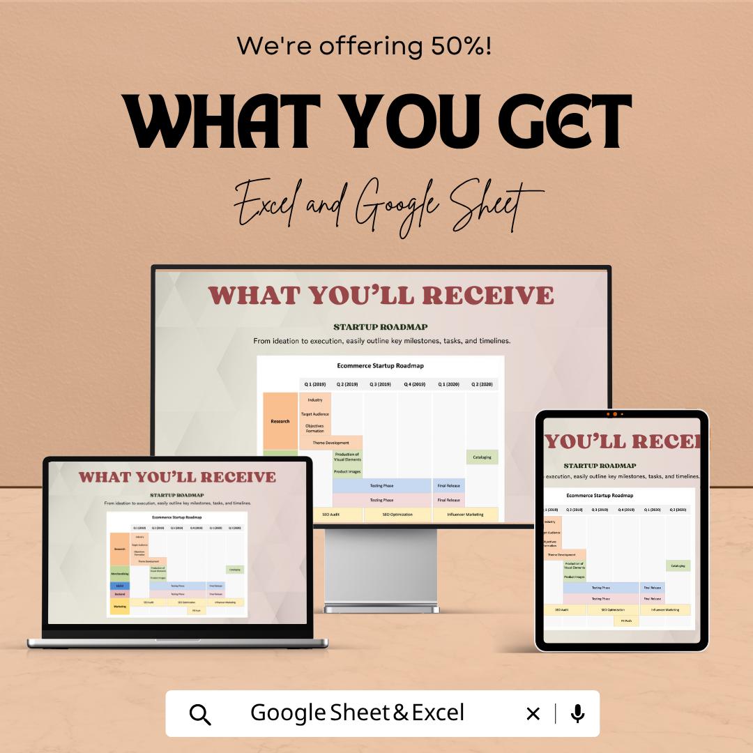 Ecommerce Startup Roadmap Template | Business Launch Planner Spreadsheet | Startup Growth Strategy Tool | Excel & Google Sheets |