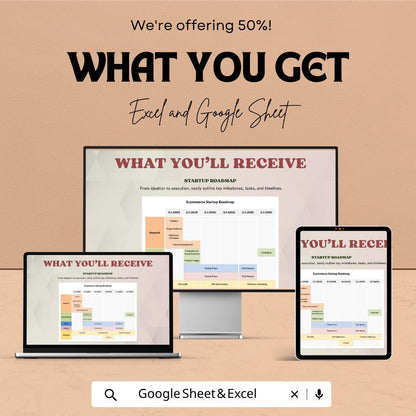Ecommerce Startup Roadmap Template | Business Launch Planner Spreadsheet | Startup Growth Strategy Tool | Excel & Google Sheets |