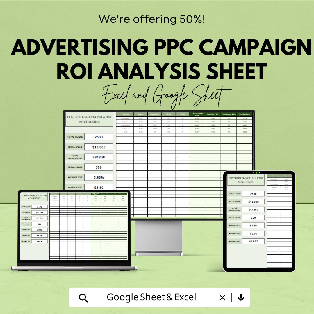 Cost Per Lead Calculator | PPC Advertising ROI Tracker | Google Sheets & Excel | Campaign Metrics Spreadsheet | CPL Calculation Sheet