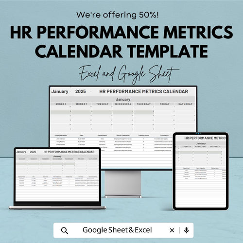 HR Performance Metrics Calendar Template, Employee Kpi Tracker Spreadsheet, HR Planning Calendar, HR Dashboard Tool