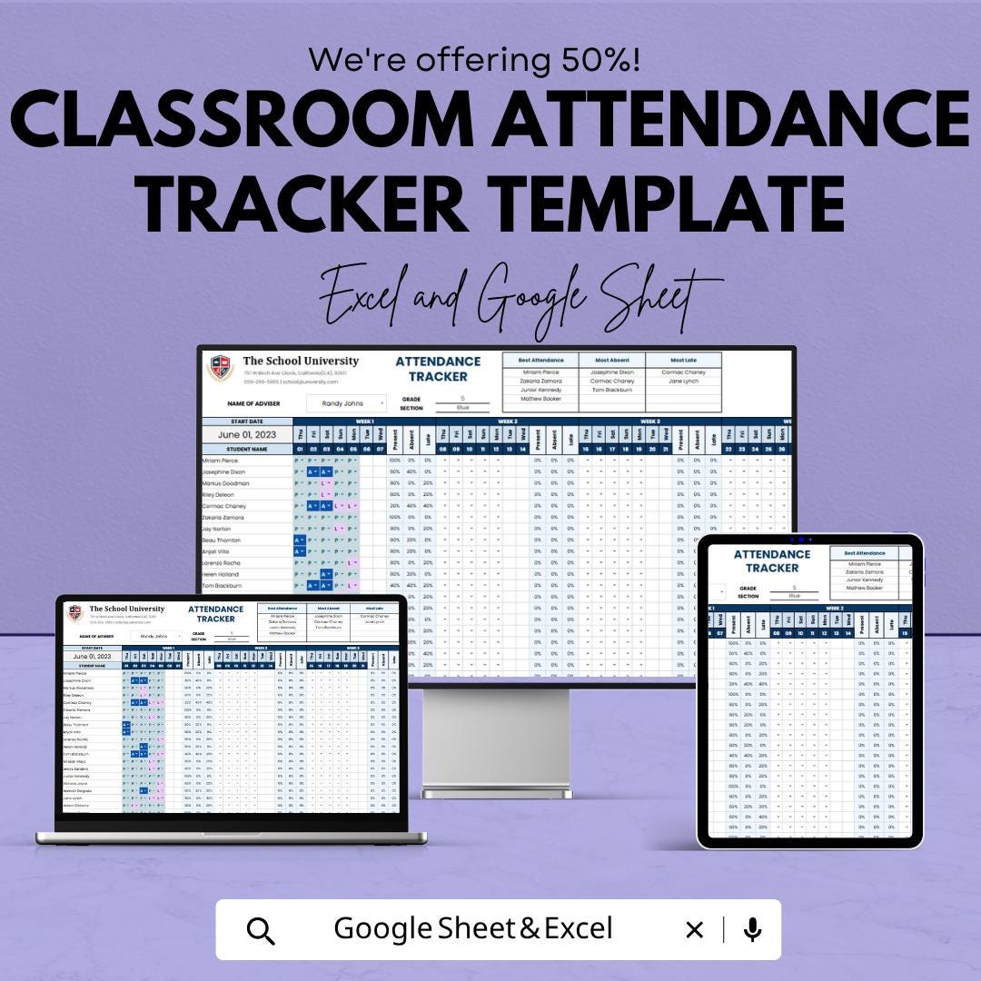 Classroom Attendance Tracker Template | Student Attendance Sheet | Teacher Planner | School Attendance Register | Google Sheets & Excel |