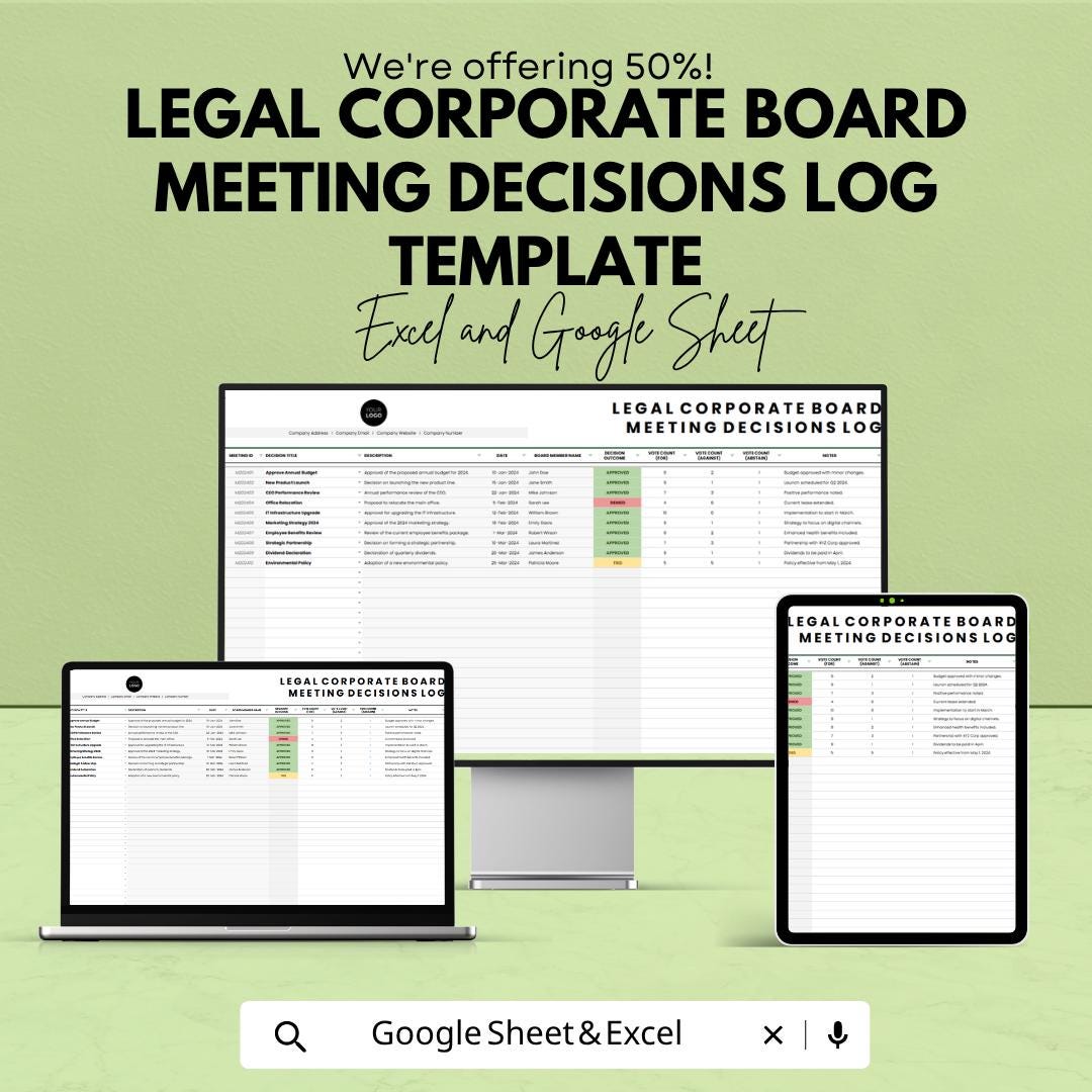 Legal Corporate Board Meeting Decisions Log Template | Board Minutes Tracker | Governance Record Spreadsheet | Decision Register Log