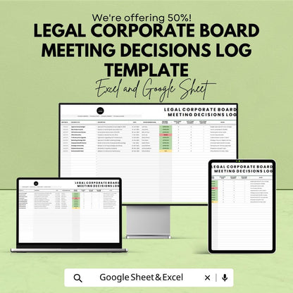 Legal Corporate Board Meeting Decisions Log Template | Board Minutes Tracker | Governance Record Spreadsheet | Decision Register Log