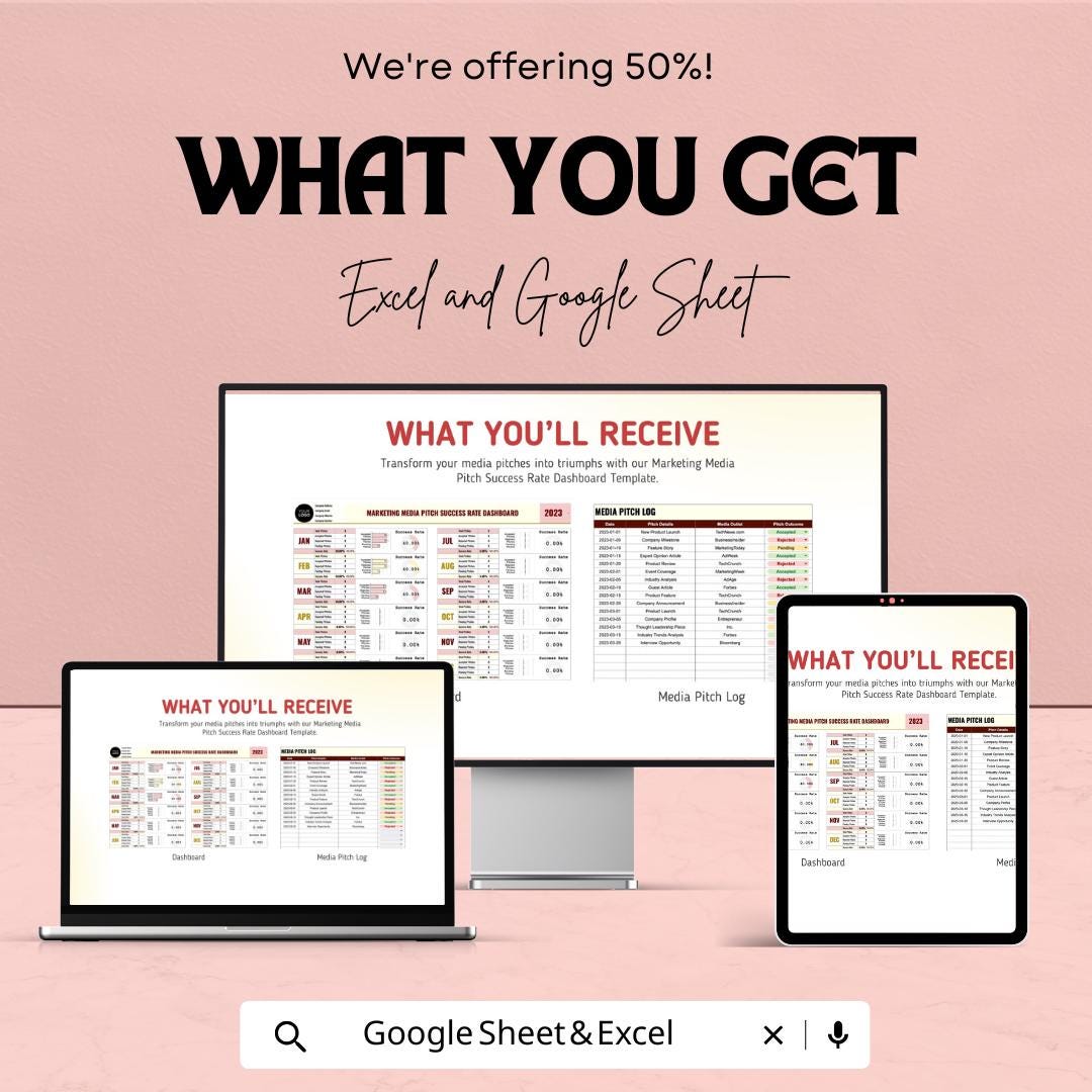 Marketing Media Pitch Success Rate Dashboard | Excel and Google Sheets | Track Media Pitches & Success | Marketing Template for Campaigns