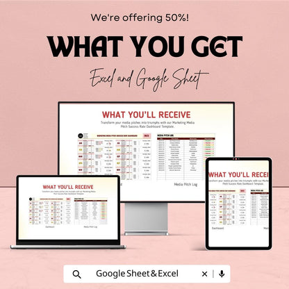 Marketing Media Pitch Success Rate Dashboard | Excel and Google Sheets | Track Media Pitches & Success | Marketing Template for Campaigns