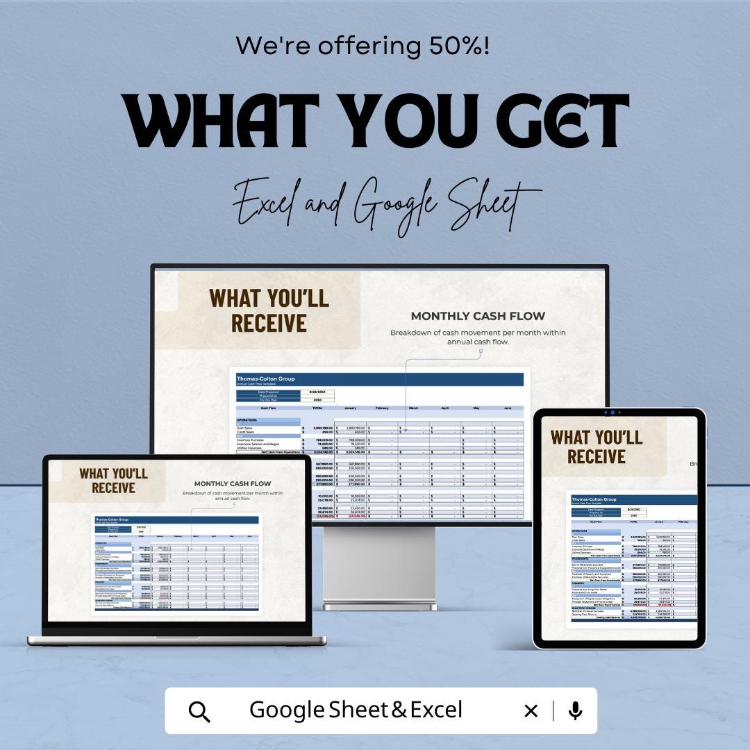 Annual Cash Flow Template | Business Cash Flow Statement | Financial Planning Spreadsheet | Excel and Google Sheets Cashflow Tracker