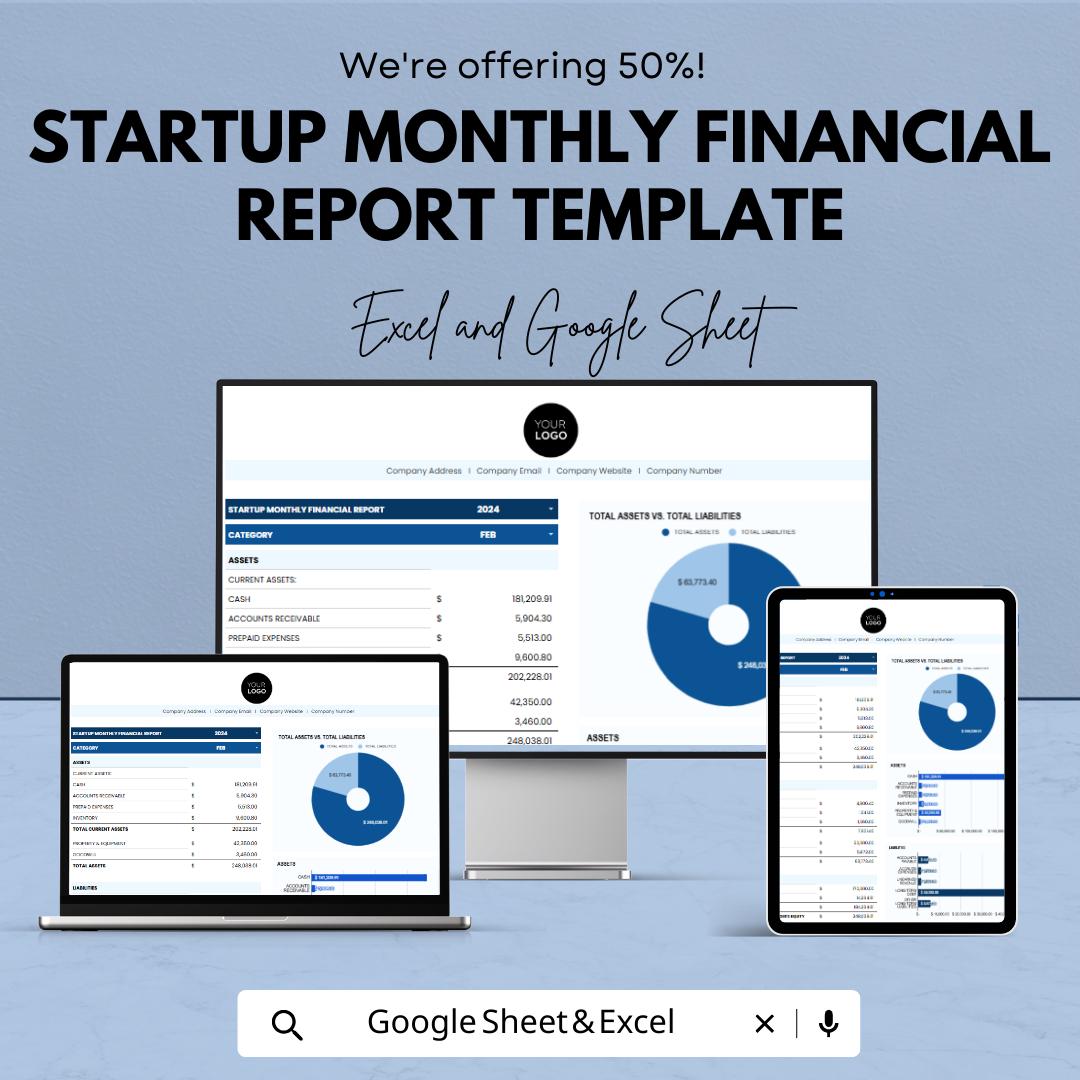 Startup Monthly Financial Report Template | Startup Finance Tracker | Monthly Business Report | Investor Financial Summary