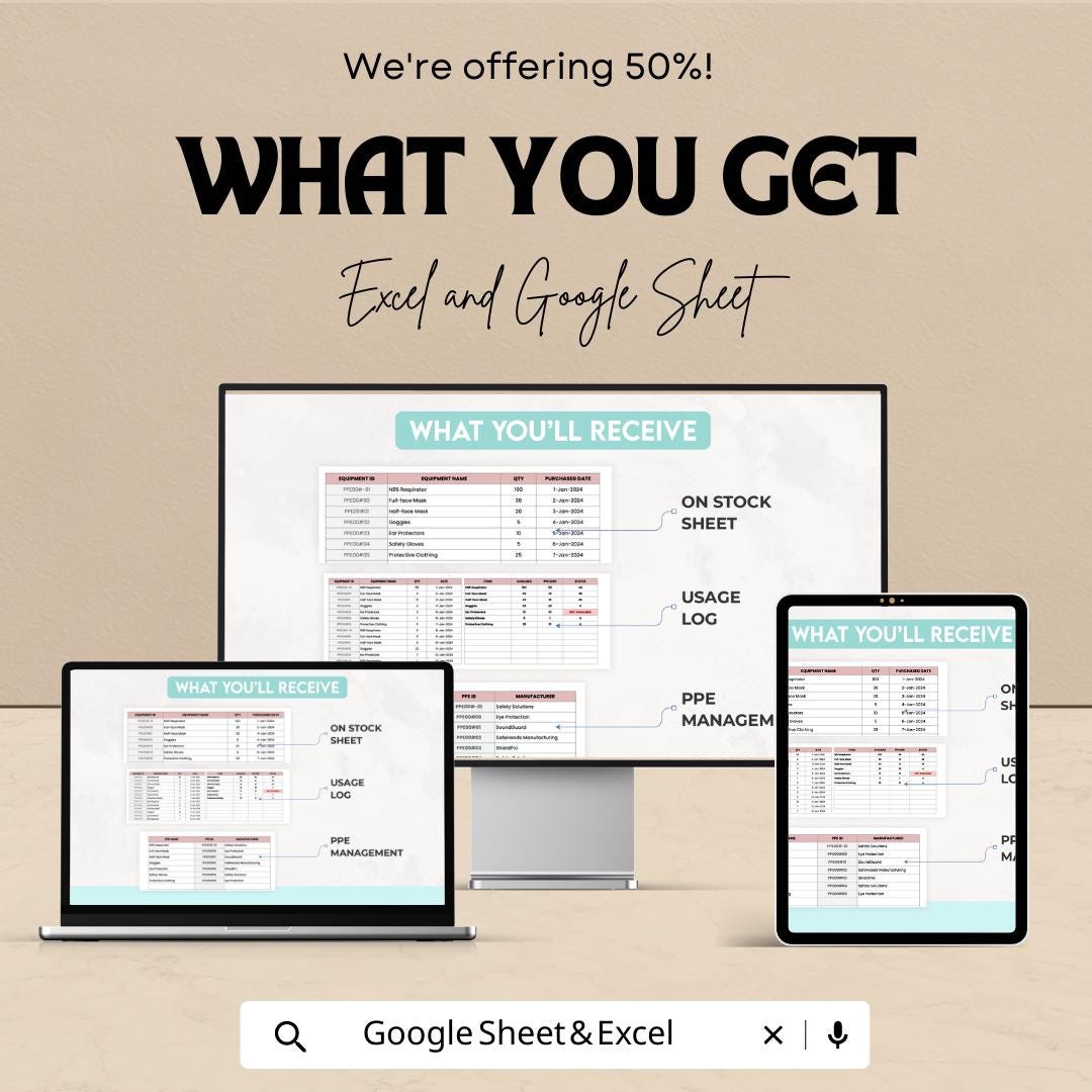 PPE Usage Tracking Sheet Template | PPE Inventory Tracker | Safety Equipment Log | Excel & Google Sheets PPE Management