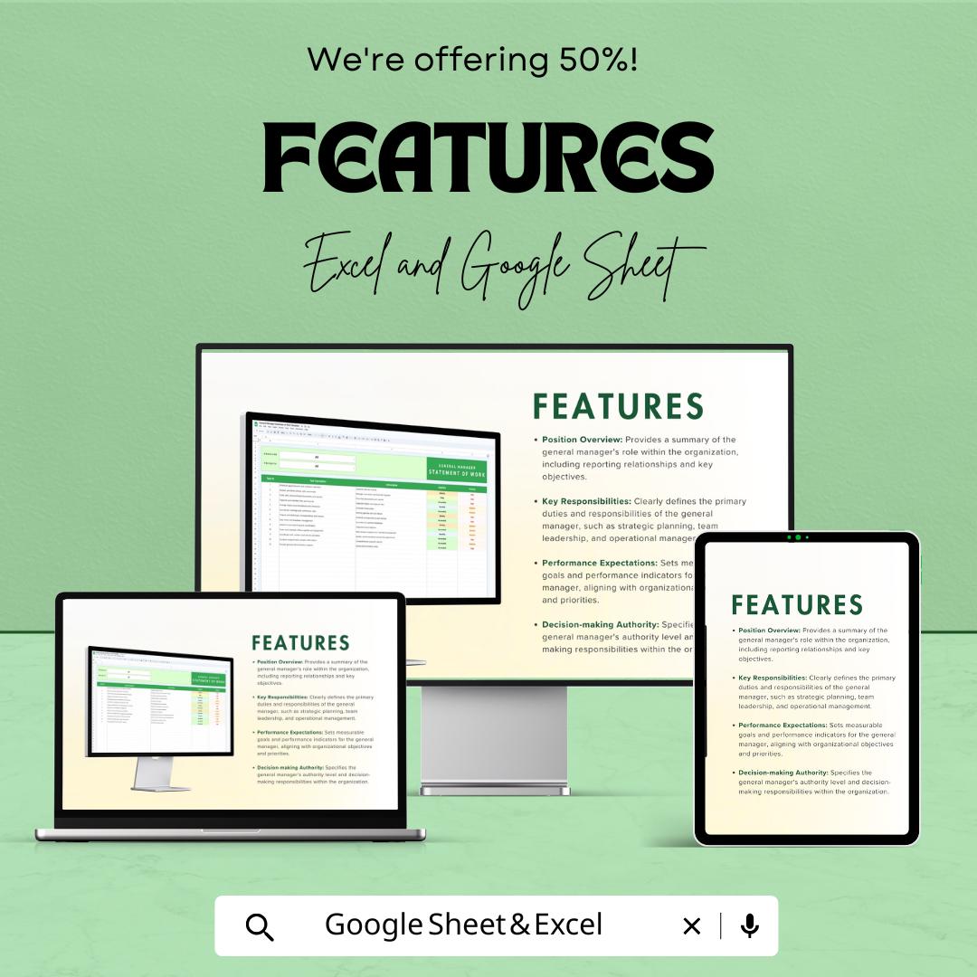 General Manager Statement of Work Template for Excel & Google Sheets – 50% Off – Professional Work Tracker for Managers