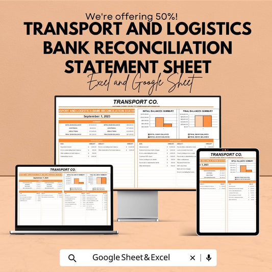 Transport and Logistics Bank Reconciliation Statement | Excel and Google Sheet Template | Financial Tracker | Digital Download
