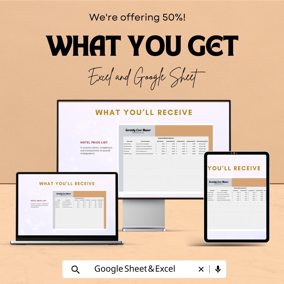 Hotel Price List Sheet | Excel and Google Sheets Template | Room Rate & Service Pricing Management Tool