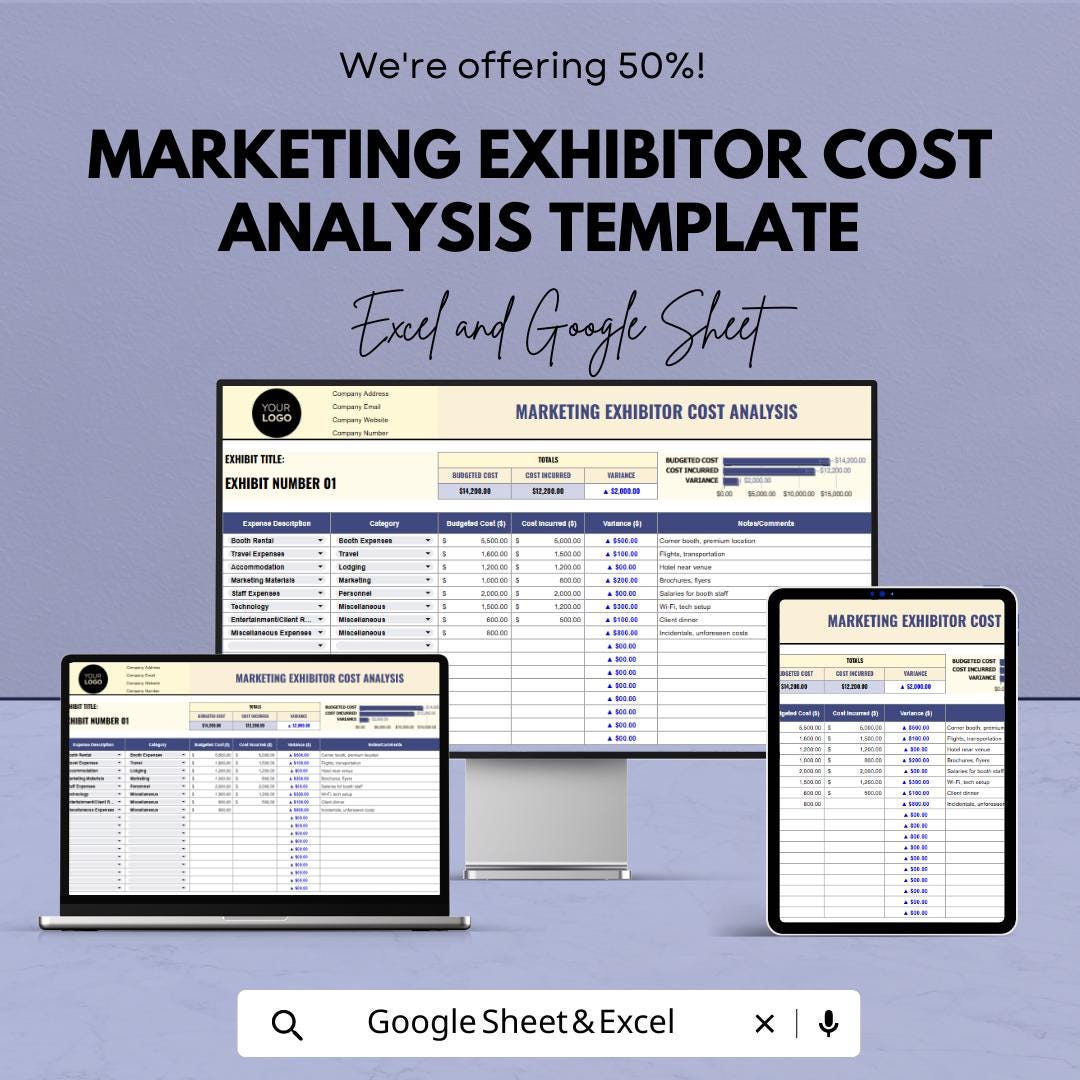 Marketing Exhibitor Cost Analysis Template, Trade Show Budget Spreadsheet, Event Expense Tracker, ROI Calculator