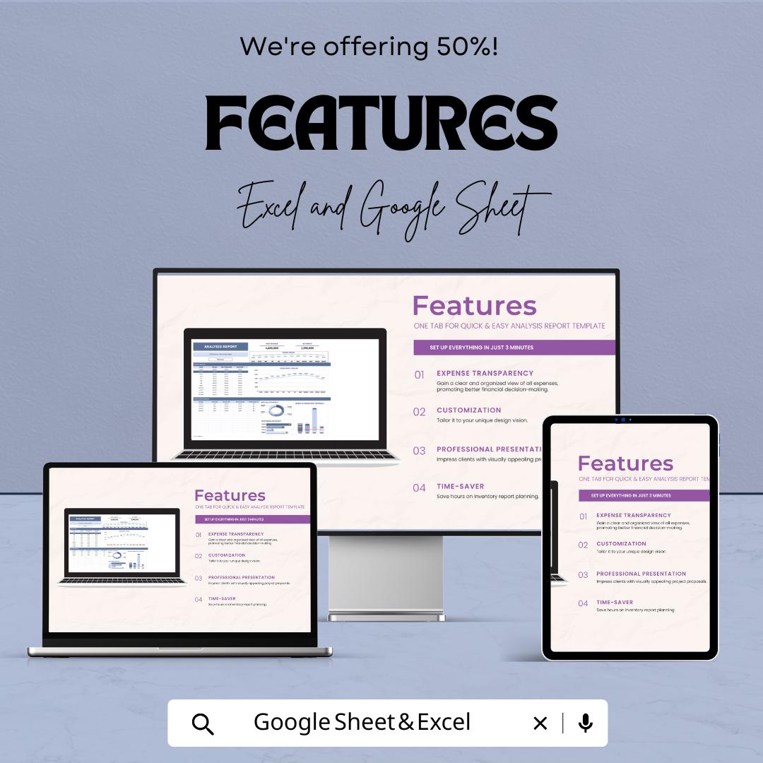 Analysis Report Template | Business Report Excel and Google Sheets | Financial Dashboard Spreadsheet | Data Analysis & Profit Tracker