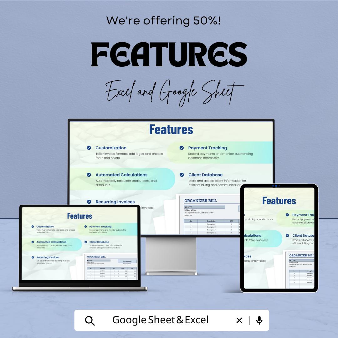Organizer Bill Template for Excel & Google Sheets | Invoice Tracker Spreadsheet | Bill Organizer Planner | Editable Billing Template