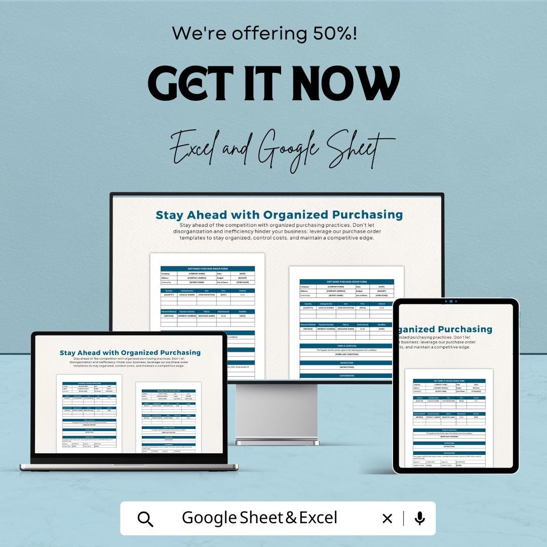 Simple Software Purchase Order Template | Editable Business Order Form | Digital Procurement Tracker | Automatic Calculation Sheet