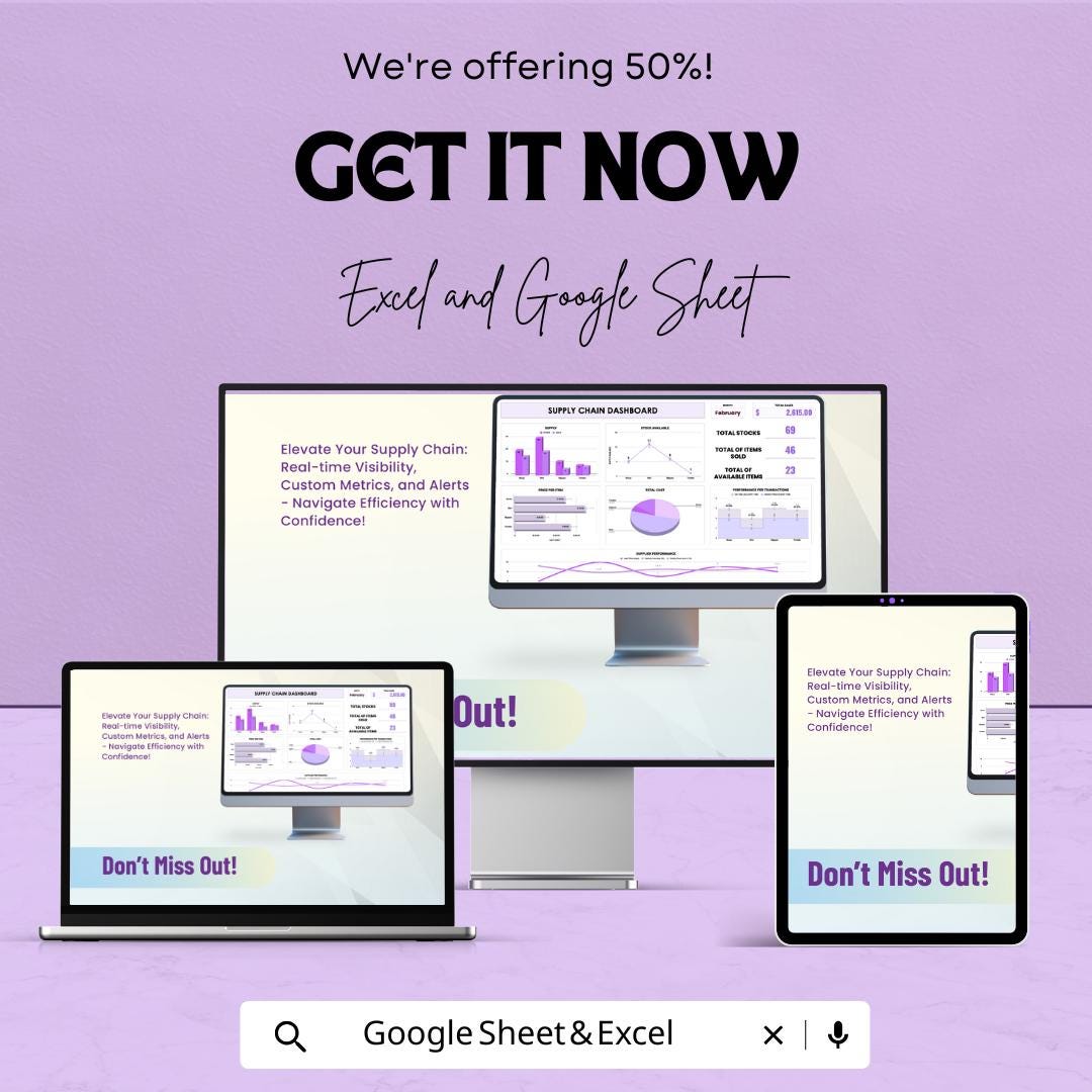 Supply Chain Dashboard Sheet | Excel & Google Sheets | Inventory KPI Tracker | Supplier Report | Logistics Metrics | Automated Charts