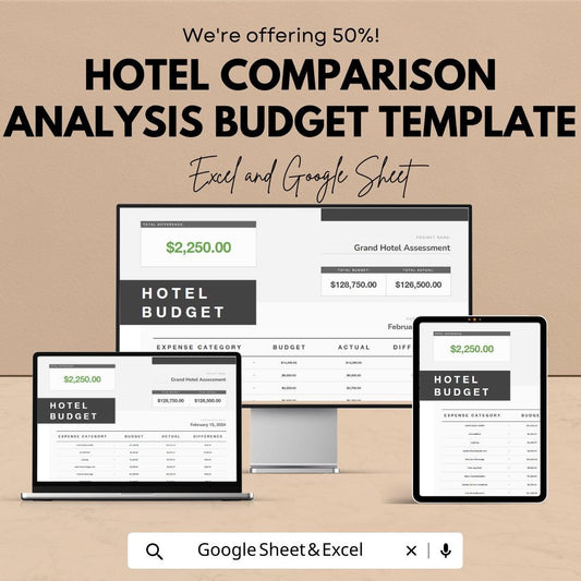 Hotel Comparison Budget Template, Hotel Cost Analysis Spreadsheet, Travel Budget Planner, Hotel Expense Tracker, Excel & Google Sheets