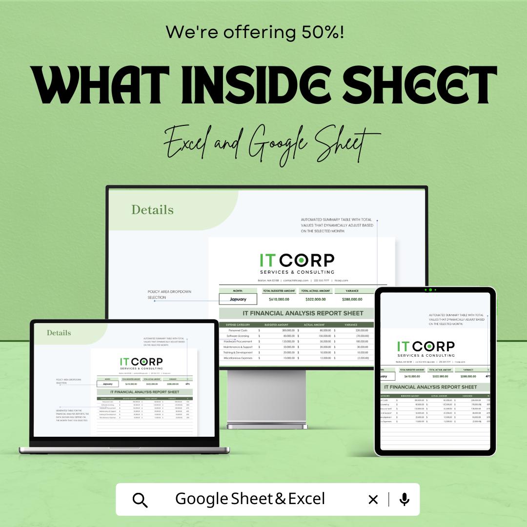 IT Financial Analysis Report Sheet Template | IT Budget Analysis Spreadsheet | Cost Variance Report | Excel & Google Sheets