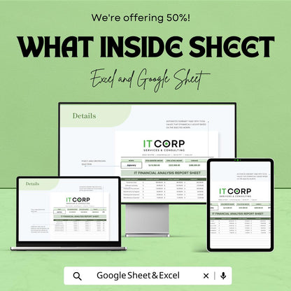 IT Financial Analysis Report Sheet Template | IT Budget Analysis Spreadsheet | Cost Variance Report | Excel & Google Sheets