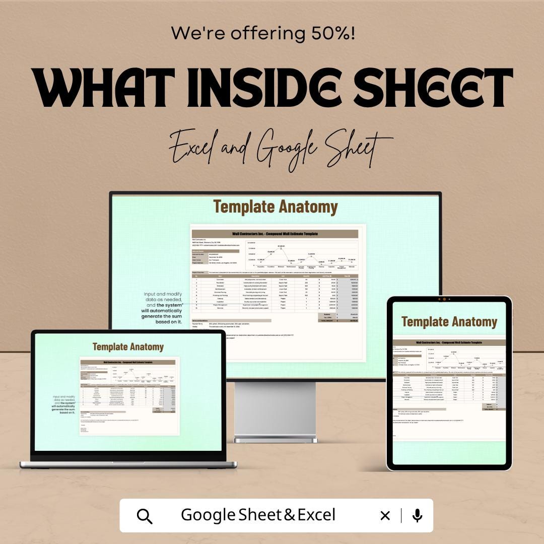 Compound Wall Estimate Template | Construction Cost Estimate Spreadsheet | Contractor Quote Template | Excel & Google Sheets Builder Tool