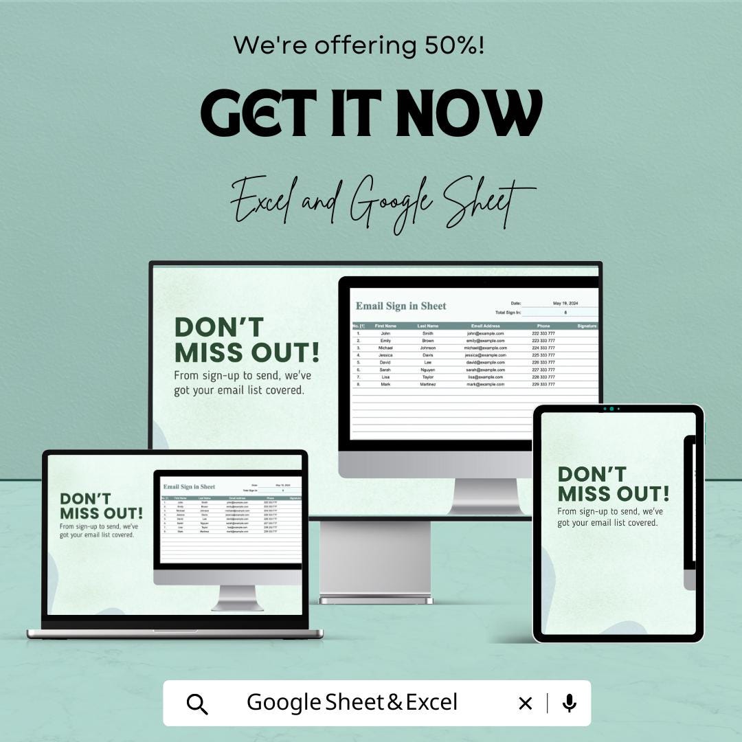 Email Sign-In Sheet Template | Excel and Google Sheets | Collect Emails & Contact Info | Editable | Instant Download