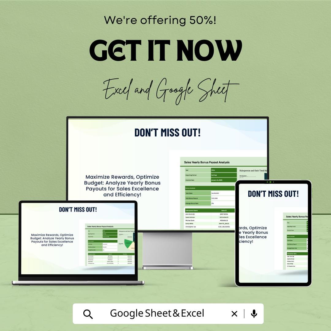 Sales Yearly Bonus payout Analysis Template | Bonus Tracking Spreadsheet | Sales Compensation Report | Google Sheets | Year-End Bonus