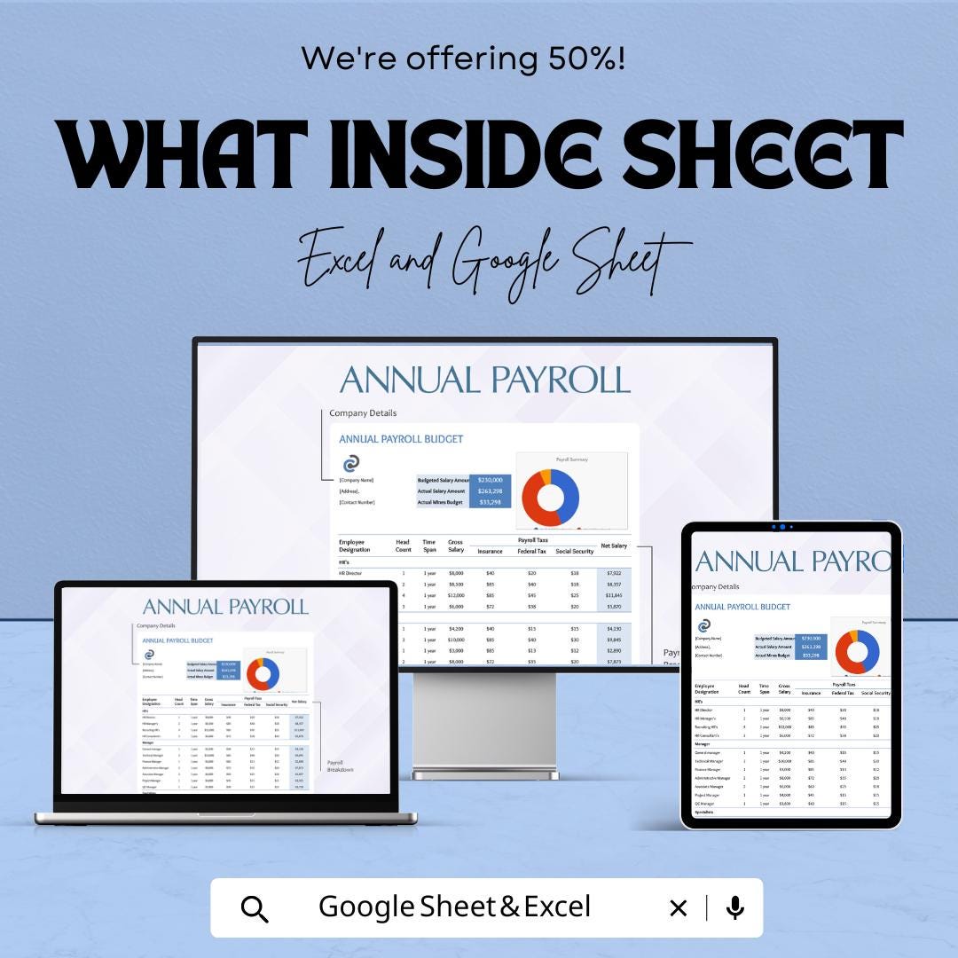 Annual Payroll Budget Template | Excel & Google Sheets | Employee Salary Planner | Payroll Expense Tracker | Business Budget Spreadsheet