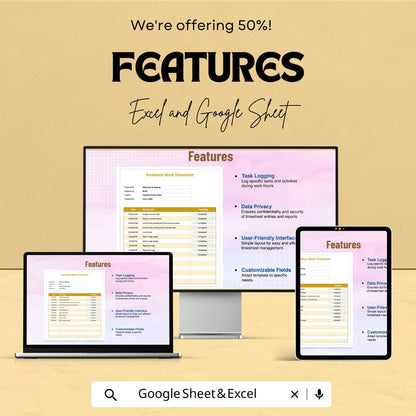 Freelance Work Timesheet Template - Excel and Google Sheet | Track Your Hours & Tasks | Time Management for Freelancers