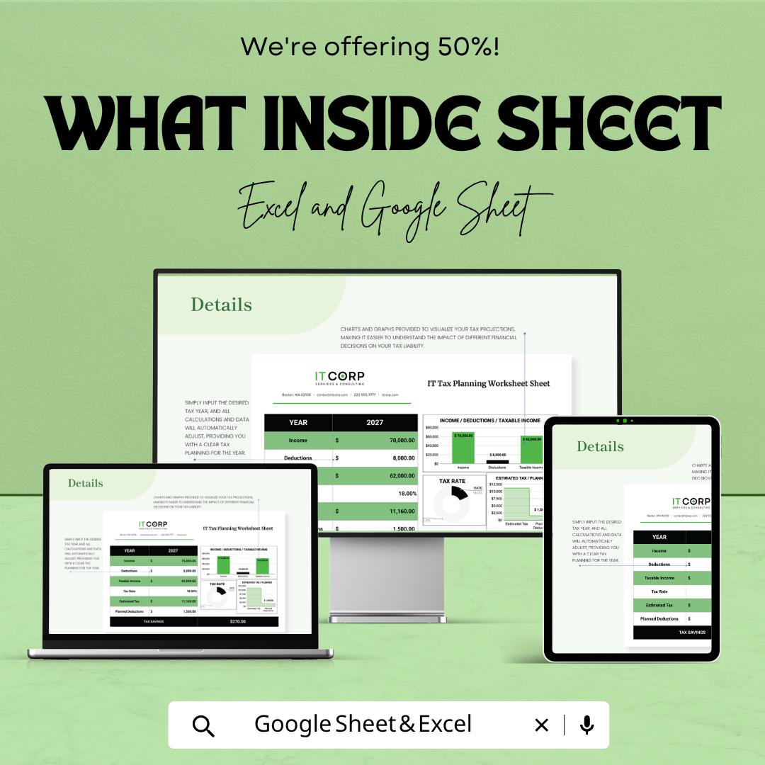 IT Tax Planning Worksheet Template | Tax Calculator Spreadsheet | Income & Deduction Tracker | Tax Planning Tool