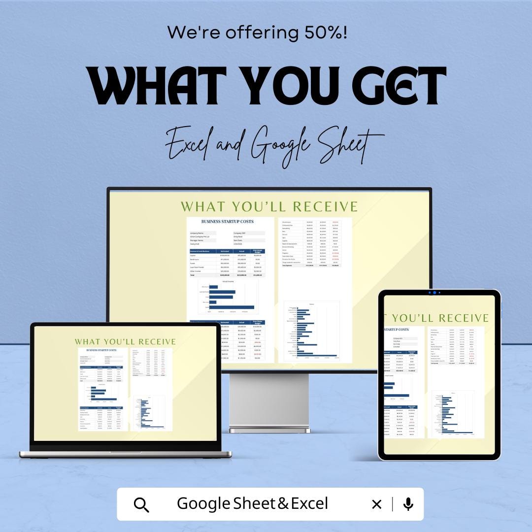 Simple Business Startup Costs Template - Excel & Google Sheets, Budget Planner for New Business, Cost Breakdown Tracker