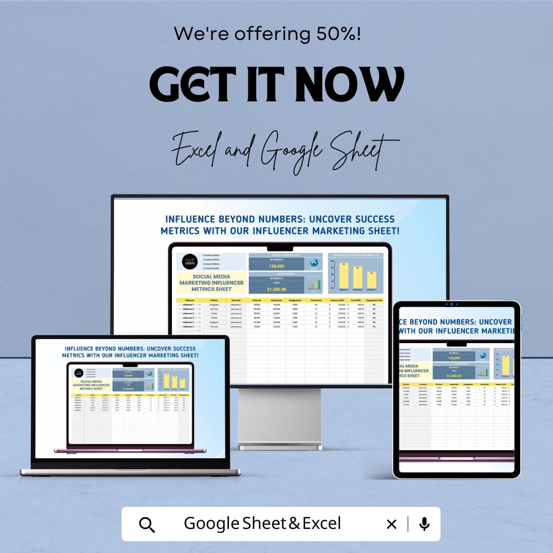 Social Media Marketing Influencer Metrics Sheet Template | Excel & Google Sheets | Influencer Analytics Tracker | Campaign Performance |