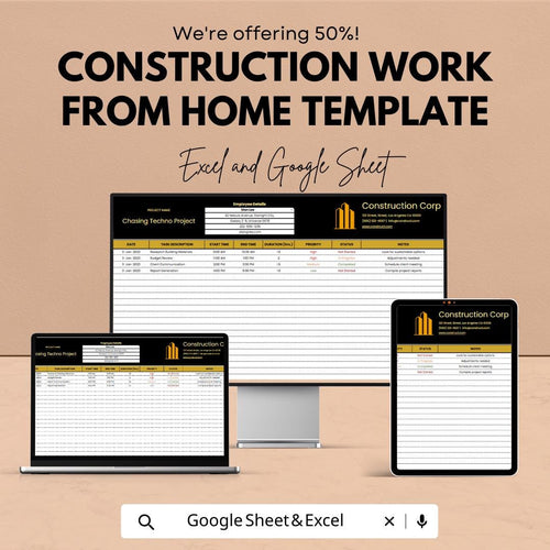 Construction Work From Home Template | Remote Construction Project Tracker | Contractor Task Log | Project Management Spreadsheet