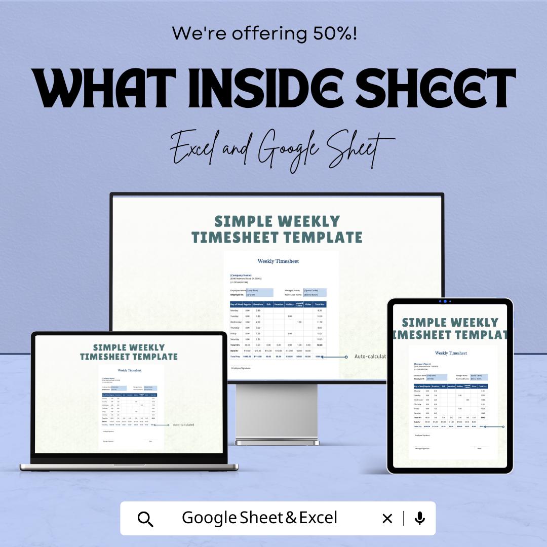 Simple Weekly Timesheet Template for Excel & Google Sheets | Track Work Hours | Instant Download | 50% Off