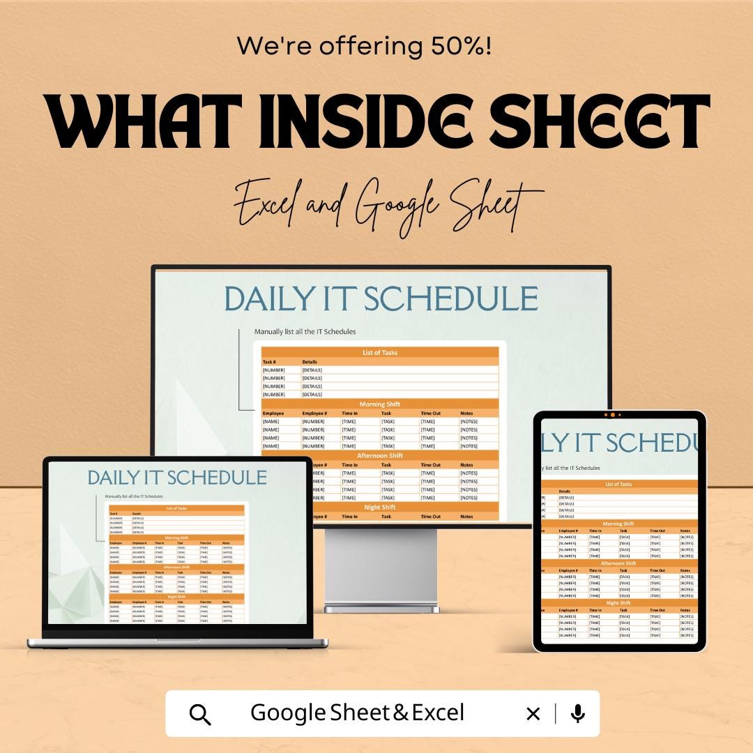 Blank Daily IT Schedule Sheet | Excel & Google Sheet Template | Task Organizer | Shift Planner | Employee Task Tracker | 50% OFF Now!