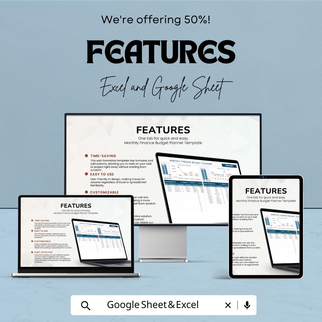 Monthly Finance Budget Planner Sheet | Track Income, Expenses, and Savings | Budget Planner for Personal Finance | Financial Tracker