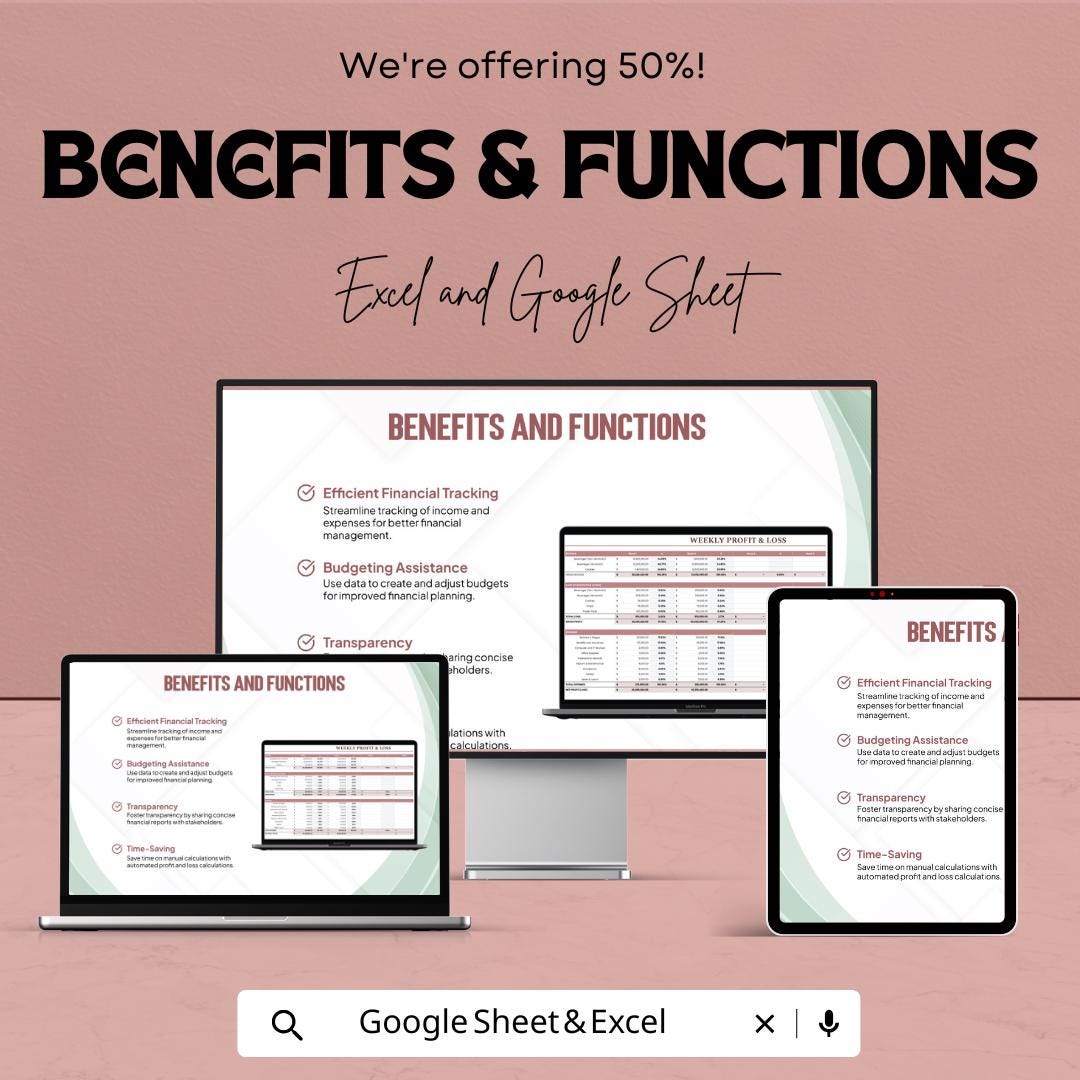 Weekly Profit and Loss Template for Excel  Google Sheets | Small Business Income & Expense Tracker | Financial Report Sheet