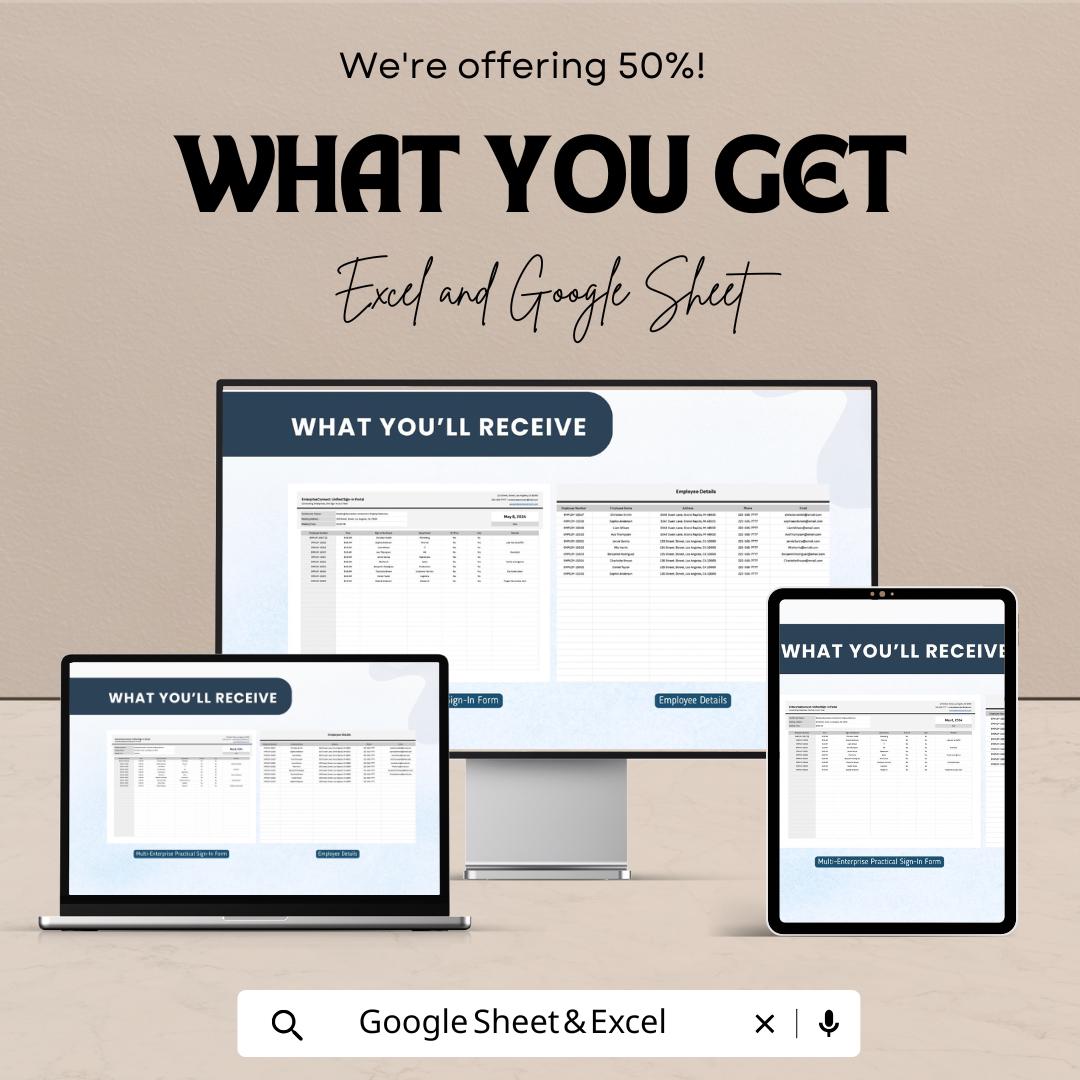 Multi-Enterprise Practical Sign-In Form Sheet | Employee Attendance & Sign-In Template | Excel and Google Sheet Format