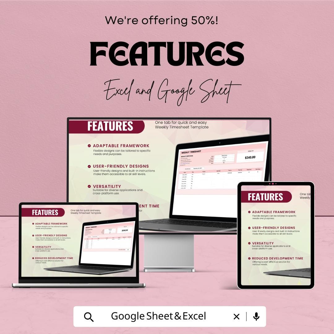Weekly Timesheet Template – Excel & Google Sheets, 50% OFF – Track Employee Hours, Work Schedule, Time Management Tool,