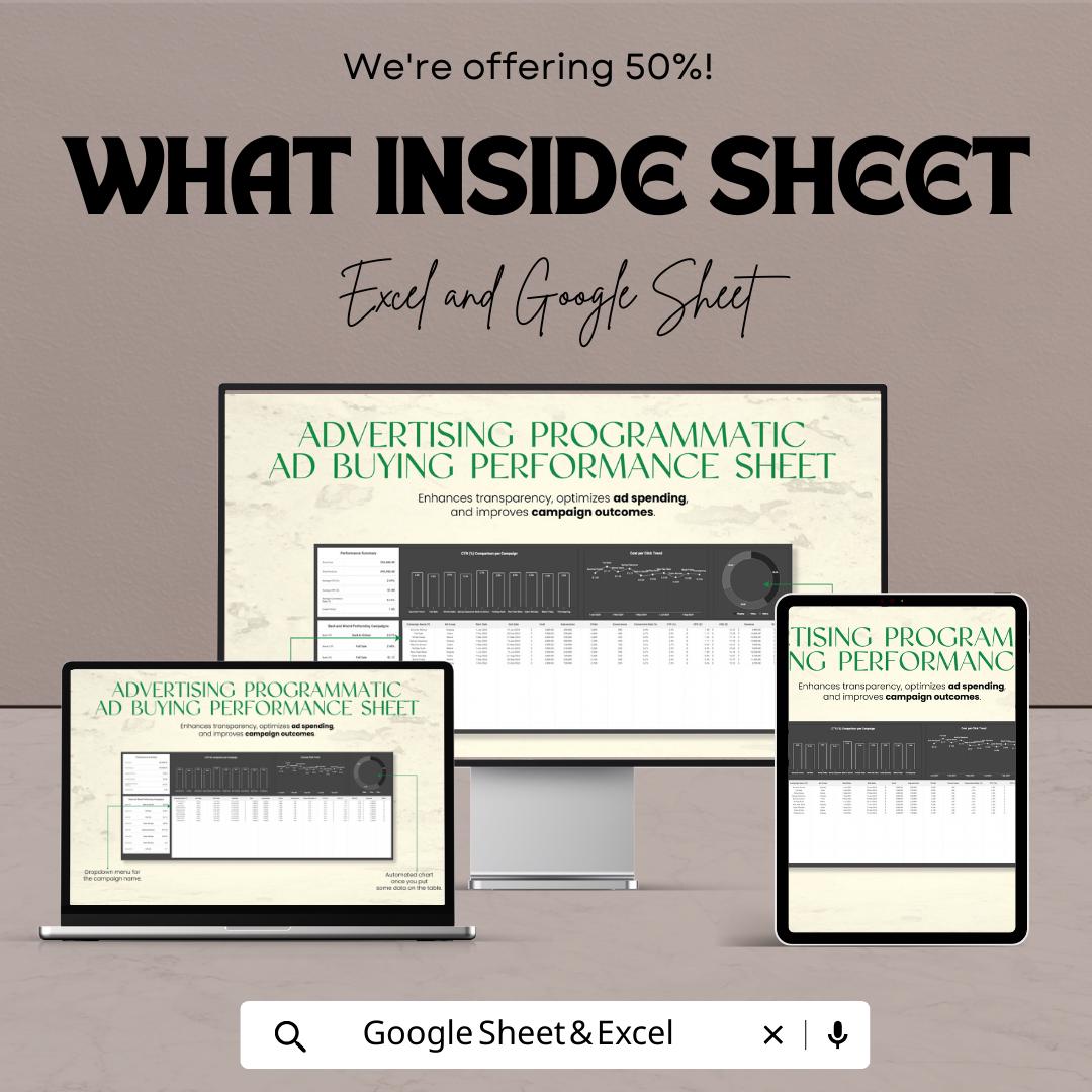 Advertising Programmatic Ad Buying Performance Sheet | Excel & Google Sheets Template | Ad Performance Tracker | Media Buying Dashboard
