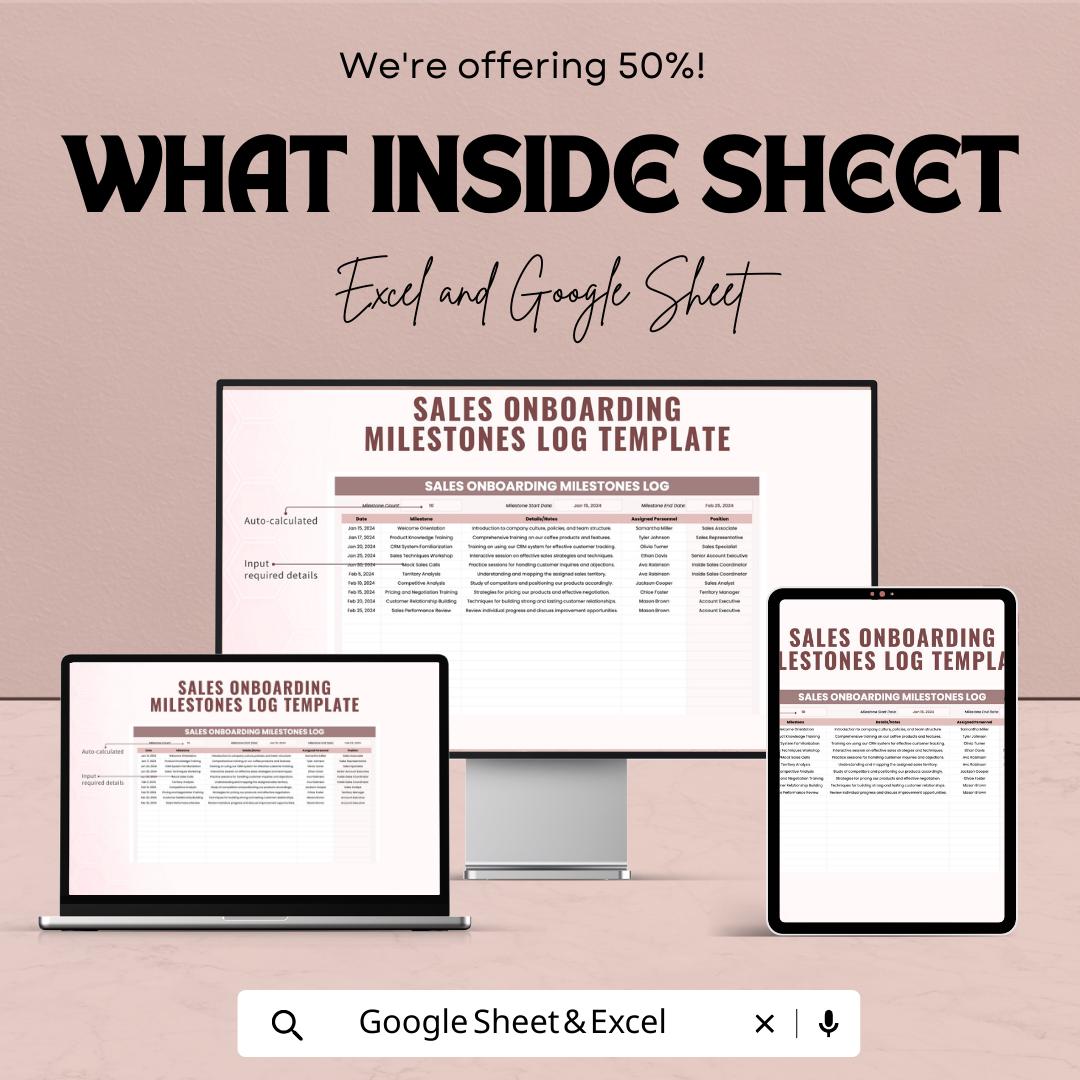 Sales Onboarding Milestones Log Template | Excel & Google Sheets | Sales Training Tracker | Employee Onboarding Progress Log