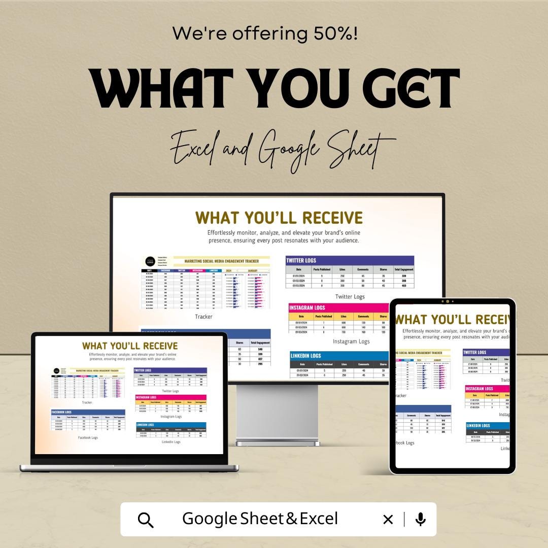 Marketing Social Media Engagement Tracker Template | Social Media Analytics Spreadsheet | Excel & Google Sheet | Engagement Report Dashboard