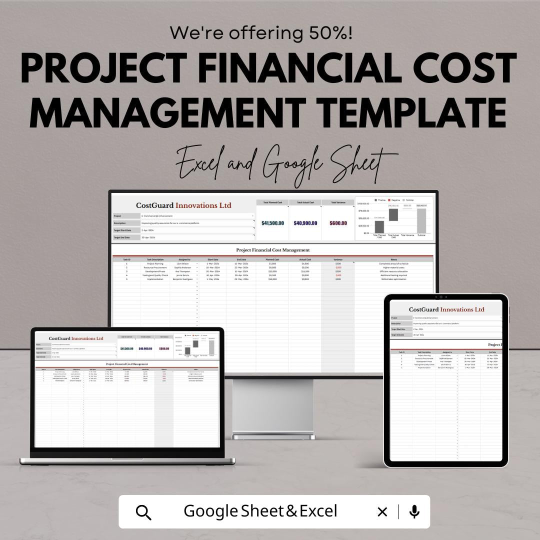 Project Financial Cost Management Template | Project Cost Control Spreadsheet | Budget and Expense Tracker | Excel & Google Sheets