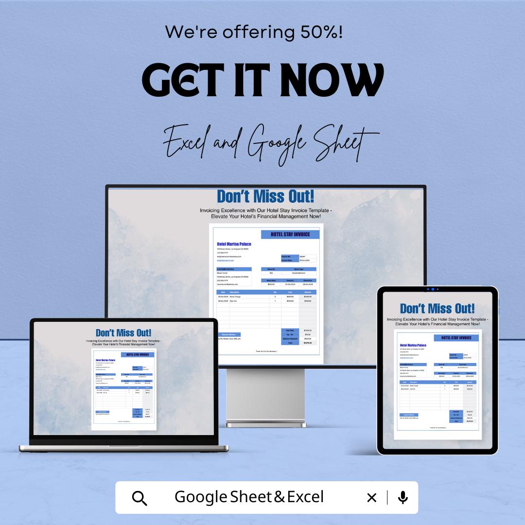 Hotel Stay Invoice Sheet | Excel & Google Sheets Template | Hotel Invoice Generator | Accommodation Invoice | Hotel Billing Template