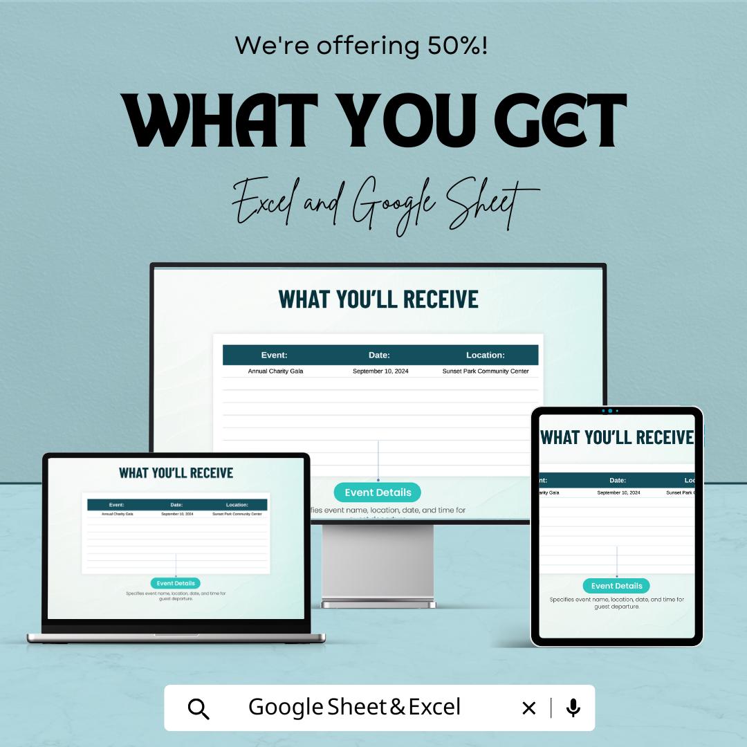 Guest Sign Out Sheet Template - Excel and Google Sheets for Event Check-Out | Track Guest Departures & Contact Information