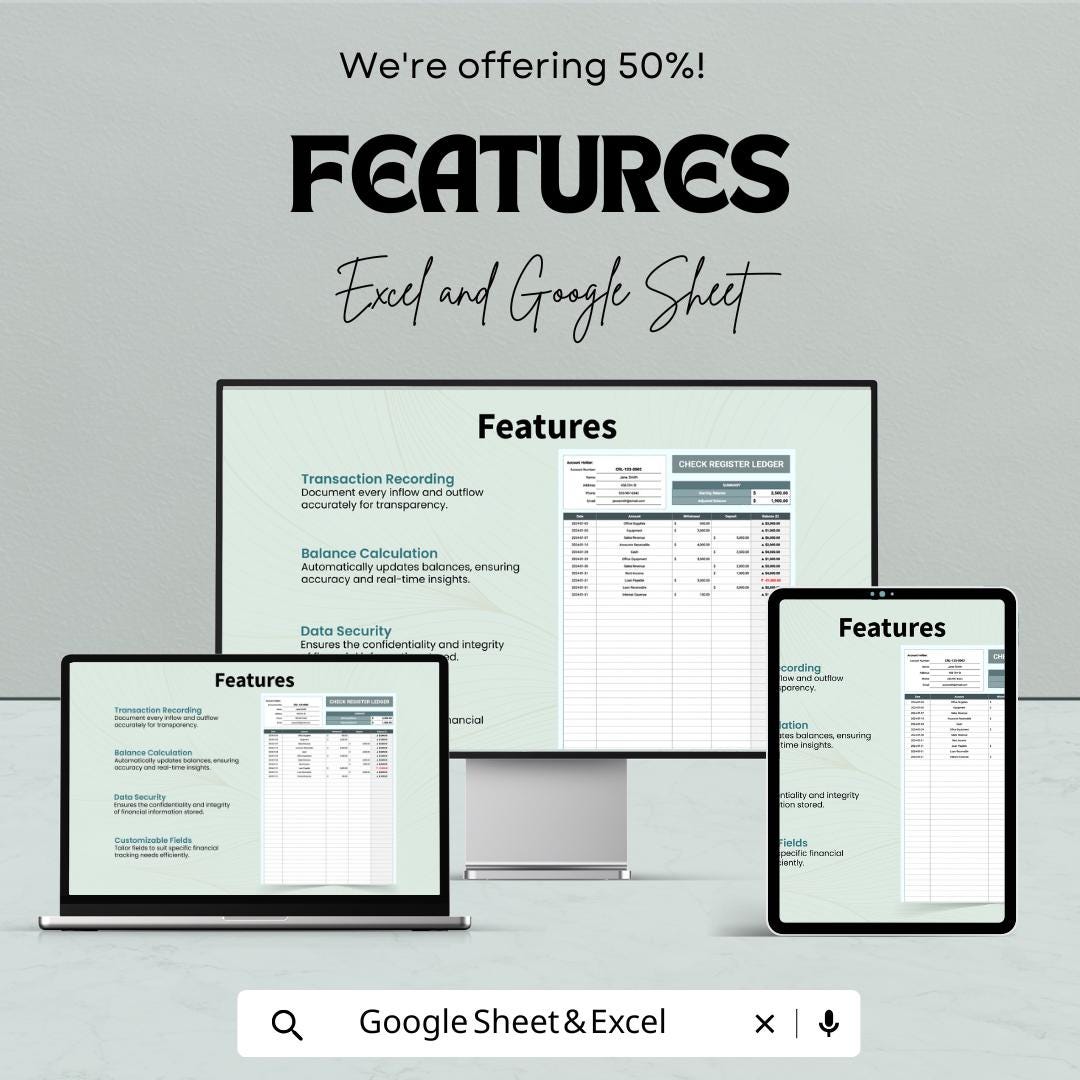 Check Register Ledger Template | Excel and Google Sheets | Check book Tracker | Expense & Payment Log | Financial Register Spreadsheet