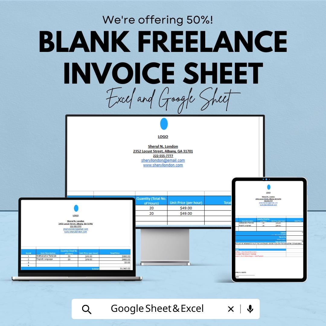 Blank Freelance Invoice Sheet - Excel & Google Sheets Template - Customizable Billing Template for Freelancers - 50% Off - Instant Download