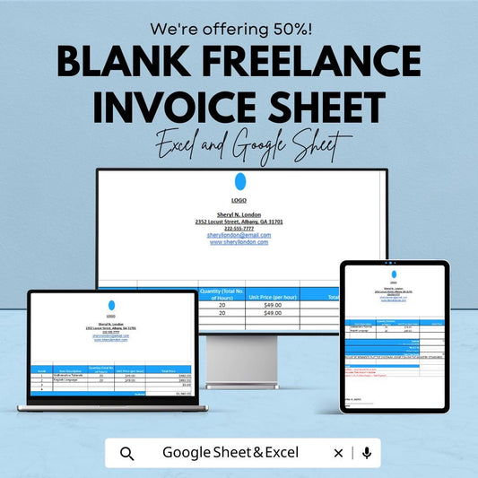 Blank Freelance Invoice Sheet - Excel & Google Sheets Template - Customizable Billing Template for Freelancers - 50% Off - Instant Download