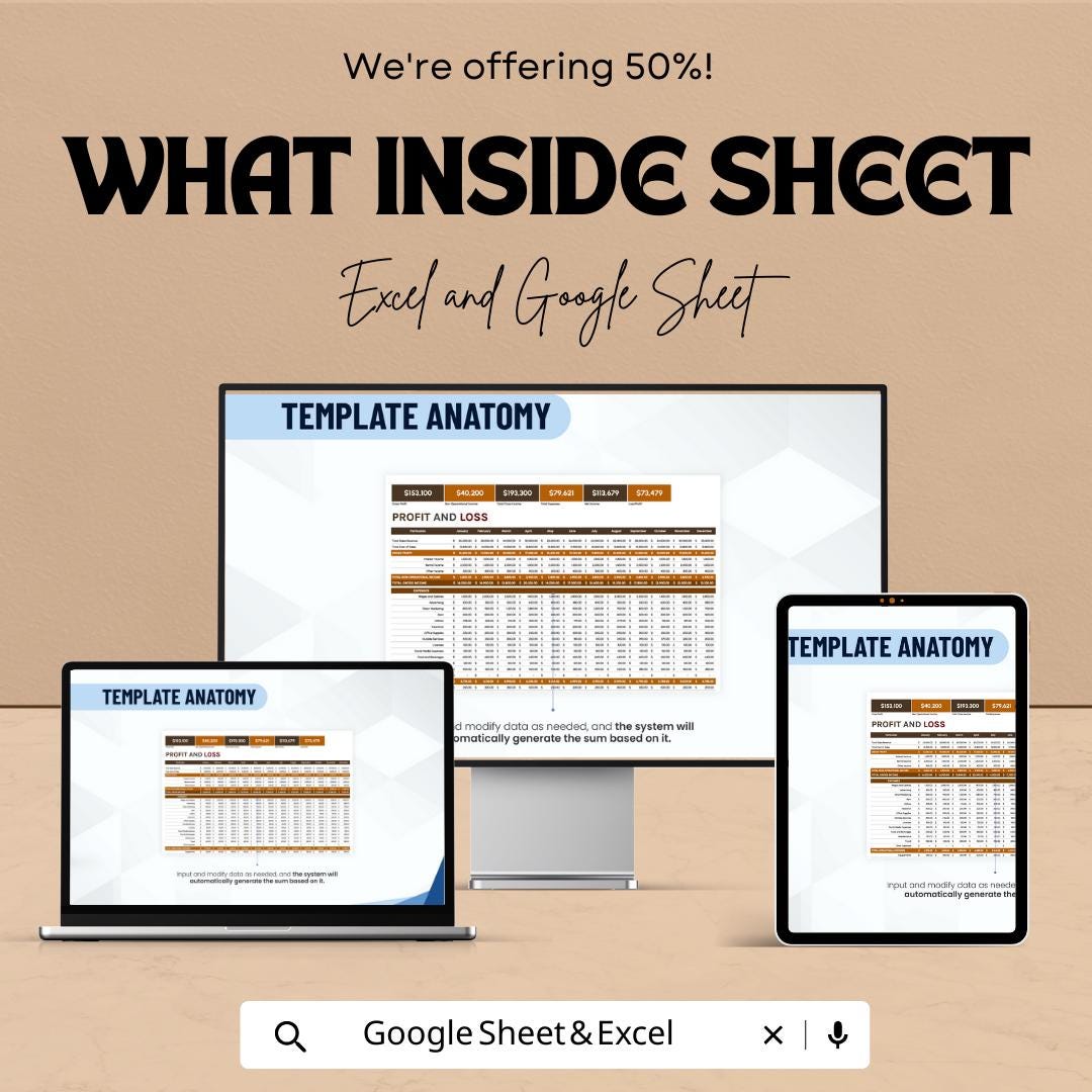 Profit and Loss Template | P&L Statement Spreadsheet | Income Expense Tracker | Excel and Google Sheets
